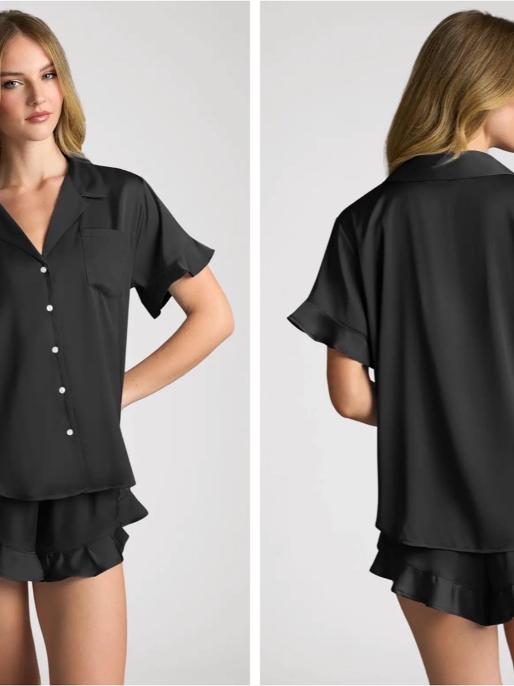 Azazie Black Short Sleeve Satin Pajama Set - S